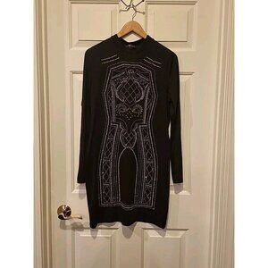 LU NYC Womens Rhinestone Pearl Embellished Bodycon Dress Black Size XL Stretchy
